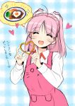 1girl ahoge blush closed_eyes cookie_cutter food heart kusunoki_chitose love_of_ren&#039;ai_koutei_of_love! open_mouth pink_hair piyodera_mucha smile solo translation_request 