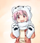  1girl animal_ears animal_hat bear_paw cardigan casual gloves hat kaname_madoka mahou_shoujo_madoka_magica open_mouth paw_gloves pink_eyes pink_hair scarf solo yoplait 