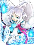  1girl animal_ears azure_luna blue_eyes blue_fire fire fox_ears fox_tail japanese_clothes kon_(tokyo_ravens) short_hair silver_hair solo sword tail thighhighs tokyo_ravens weapon zettai_ryouiki 