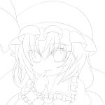  1girl amenomurakumo26 ascot bat_wings blouse bow collared_shirt commentary_request facing_viewer frilled_hat frilled_shirt hand_on_own_face hat hat_bow hat_ribbon index_finger_raised lineart looking_at_viewer mob_cap portrait puffy_sleeves remilia_scarlet ribbon simple_background smile solo touhou white_background wings wrist_cuffs 