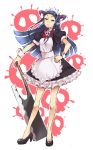  1girl apron bare_legs blue_eyes blue_hair bow character_request cleaver copyright_request freckles horns long_hair looking_at_viewer maid maid_headdress pointy_ears short_sleeves skull solo wrist_cuffs yanagida_fumita 