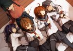  5girls akatsuki_(kantai_collection) black_hair black_legwear brown_hair hat hibiki_(kantai_collection) highres houshou_(kantai_collection) ikazuchi_(kantai_collection) inazuma_(kantai_collection) japanese_clothes kantai_collection kyouya_(mukuro238) long_hair multiple_girls pantyhose personification pleated_skirt ponytail school_uniform serafuku silver_hair skirt sleeping thighhighs 