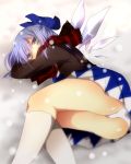  1girl blue_dress blue_eyes blue_hair bow cirno covered_mouth dress embellished_costume hair_bow highres ice ice_wings jacket looking_at_viewer lying on_side panties pantyshot pantyshot_(lying) rokkou scarf snow snowing solo touhou underwear upskirt white_panties wings winter 