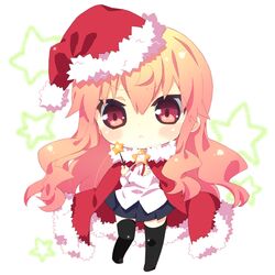  1girl cape chibi hat long_hair louise_francoise_le_blanc_de_la_valliere pink_eyes pink_hair santa_hat takamura_masaya thighhighs wand zero_no_tsukaima 