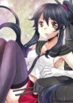  1girl ayasia bare_shoulders black_hair blush breasts brown_eyes gloves highres kantai_collection long_hair looking_at_viewer open_mouth payot ponytail sitting solo thighhighs turret white_gloves yahagi_(kantai_collection) 