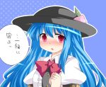  1girl blue_hair blush bow dress food fruit hammer_(sunset_beach) hat hinanawi_tenshi long_hair looking_at_viewer open_mouth peach red_eyes solo touhou translated white_dress 