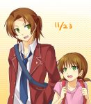  1boy 1girl backpack bag brother_and_sister brown_hair daimon_chika daimon_masaru dated digimon digimon_savers green_eyes hand_in_pocket highres long_hair long_sleeves necktie school_uniform short_hair short_twintails shoulder_bag siblings smile tomato-ed twintails 