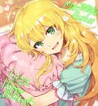  1girl birthday blonde_hair blush character_name copyright_name dated english green_eyes happy_birthday heart hoshii_miki idolmaster long_hair looking_at_viewer open_mouth pillow redrop solo 