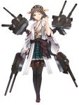  1girl blue_eyes brown_hair hiei_(kantai_collection) japanese_clothes kantai_collection konishi_(koconatu) official_art personification simple_background solo thigh_boots thighhighs white_background wink 