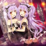  1girl against_glass blush breasts brown_eyes choker dress fang hairband himedatsu!_dungeons_lord large_breasts lavender_hair lolita_fashion long_hair mirror official_art pointy_ears sideboob smile solo thighhighs twintails very_long_hair wrist_cuffs yuuki_rika zettai_ryouiki 