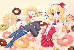  1girl bare_shoulders blonde_hair blush boots doughnut dress flandre_scarlet fred0092 hat highres long_hair red_eyes short_hair side_ponytail sitting smile solo stuffed_animal stuffed_bunny stuffed_toy thighhighs touhou wings wrist_cuffs 