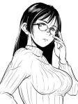  1girl adjusting_glasses artist_request black_hair breasts glasses impossible_clothes large_breasts long_hair ribbed_sweater simple_background solo source_request sweater 