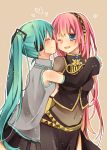  2girls blue_eyes closed_eyes clothed_navel detached_sleeves green_hair hatsune_miku headphones hug long_hair megurine_luka multiple_girls pink_hair smile utaori very_long_hair vocaloid wink 