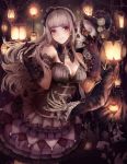  1girl bare_shoulders black_dress black_gloves breasts cleavage corset dress eyepatch gloves gothic_lolita hair_ribbon hat holding_hands interlocked_fingers jewelry lantern lolita_fashion long_hair original pink_eyes ribbon ring silver_hair skeleton smile very_long_hair yukisame 