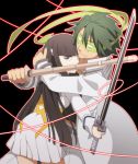  1boy 1girl black_hair green_hair hug itou_(mogura) kill_la_kill kiryuuin_satsuki looking_at_viewer sanageyama_uzu sword weapon wooden_sword 