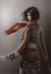  1girl belt black_hair dual_wielding facing_away highres jacket jason_peng looking_away looking_down mikasa_ackerman realistic scarf shingeki_no_kyojin short_hair solo sword thigh_strap three-dimensional_maneuver_gear weapon 