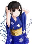  1girl adjusting_hair arms_up black_eyes black_hair japanese_clothes kentaurosu kimono long_hair mouth_hold obi original solo yukata 