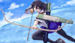  1girl black_legwear bow_(weapon) brown_eyes brown_hair clouds hiba_(p-p-purin) japanese_clothes kaga_(kantai_collection) kantai_collection muneate ocean personification pleated_skirt short_hair side_ponytail skirt sky solo sunrise thighhighs weapon zettai_ryouiki 