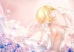  1girl ahoge arkray bare_shoulders blonde_hair bridal_veil choker closed_eyes dress elbow_gloves fate/stay_night fate_(series) flower from_side gloves saber solo veil wedding_dress 