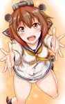  1girl blush brown_eyes brown_hair hair_ornament headgear highres kantai_collection looking_at_viewer mizuse_kouichi open_mouth panties personification school_uniform serafuku short_hair smile solo underwear yukikaze_(kantai_collection) 