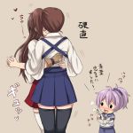  akagi_(kantai_collection) aoba_(kantai_collection) blush brown_hair gloves inaho japanese_clothes kaga_(kantai_collection) kantai_collection kiss long_hair multiple_girls muneate personification ponytail purple_hair school_uniform short_hair side_ponytail thighhighs translation_request yuri 