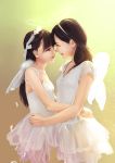  2girls angel_wings arms_around_waist black_eyes black_hair bow butterfly_wings codec007 dress feathers hairband highres long_hair multiple_girls noses_touching original smile white_dress wings 