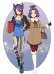  2girls alternate_costume bag blush boots breasts coat eyepatch fang fingerless_gloves gloves handbag headgear highres jewelry kantai_collection mechanical_halo multiple_girls necklace pantyhose personification pochi_(pochi-goya) purple_hair short_hair smile tatsuta_(kantai_collection) tenryuu_(kantai_collection) violet_eyes yellow_eyes 
