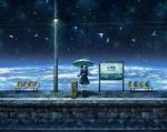  1girl bird black_hair boots chair clouds coat dark earth flying holding horizon kazami_(kuroro) looking_at_viewer night night_sky original power_lines railroad_tracks scarf sign skirt sky smile snowing solo space star_(sky) starry_sky suitcase train_station winter winter_clothes 