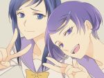  2girls :d blue_hair dokidoki!_precure hishikawa_rikka kenzaki_makoto long_hair multiple_girls negom open_mouth precure purple_hair short_hair smile v 