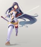  1girl black_hair blurry boots breasts choker cleavage depth_of_field detached_sleeves foreshortening gloves long_hair original pointy_ears retsuna sheath solo sword thigh_boots thighhighs very_long_hair violet_eyes weapon 
