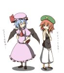  blue_hair blush clenched_hand clenched_hands dress frilled_dress frills frown hair_between_eyes hands_on_hips hat hong_meiling kumo_(atm) redhead remilia_scarlet short_hair star sweatdrop sweatpants touhou wings younger 