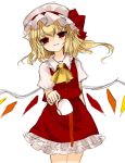  1girl bent_over blonde_hair bow cup flandre_scarlet half-closed_eyes hat hat_bow highres koyashaka light_smile looking_at_viewer mob_cap puffy_sleeves remilia_scarlet rough shirt short_sleeves side_ponytail simple_background skirt skirt_set solo spilling teacup touhou vest white_background wings 