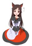  1girl :o animal_ears brooch brown_hair fang hands_in_lap hands_together head_tilt highres imaizumi_kagerou jewelry layered_dress long_hair looking_at_viewer red_eyes sachishiro_pengin seiza simple_background sitting solo touhou v_arms white_background wolf_ears 