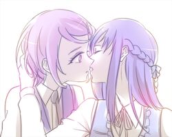  2girls blue_hair closed_eyes couple dokidoki!_precure hishikawa_rikka incipient_kiss kenzaki_makoto kiss long_hair multiple_girls negom open_mouth precure purple_hair short_hair simple_background surprise_kiss surprised white_background yuri 