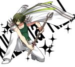  1boy coat_on_shoulders green_hair jewelry kill_la_kill kneeling male mask mojya necklace sanageyama_uzu shinai solo sword weapon 