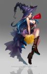  1girl aqua_hair blue_eyes boots breasts cleavage crossed_legs hat highres knee_boots large_breasts lova megaphone original pointy_ears pom_poms sitting skirt solo thorns vines witch_hat 