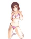  1girl bikini breasts brown_eyes brown_hair glasses gundam gundam_build_fighters hairband kneeling kousaka_china navel over-rim_glasses semi-rimless_glasses short_hair smile solo swimsuit ueyama_michirou 