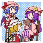  3girls :&lt; bat_wings blonde_hair blue_hair book capelet crescent dress eichi_yuu fang flandre_scarlet hair_ribbon long_hair long_sleeves mob_cap multiple_girls open_clothes open_coat open_mouth patchouli_knowledge pink_dress pointy_ears polka_dot polka_dot_background puffy_sleeves purple_dress purple_hair reading red_dress remilia_scarlet ribbon sash short_sleeves siblings side_ponytail sisters sitting smile sparkle stool striped striped_dress touhou tress_ribbon very_long_hair wide_sleeves wings wrist_cuffs |_| 