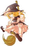  1girl alphes_(style) apron black_dress black_hair blonde_hair bow braid broom broom_riding dairi dress grin hat hat_bow kirisame_marisa parody pointing pointing_at_viewer puffy_sleeves sash shirt short_sleeves simple_background single_braid smile solo style_parody touhou waist_apron white_background witch_hat yellow_eyes 