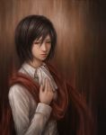  1girl alternate_costume black_hair bust cravat hand_on_own_chest hand_over_heart jason_peng looking_away looking_down mikasa_ackerman realistic scarf shingeki_no_kyojin short_hair solo 