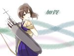  1girl 2girls blush brown_eyes brown_hair character_name japanese_clothes kaga_(kantai_collection) kantai_collection kuroma_(no_plan) multiple_girls muneate open_mouth personification short_hair side_ponytail skirt smile solo 