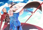  2boys archer blue_hair cape capelet fate/stay_night fate/zero fate_(series) gae_bolg getueika lancer long_hair multiple_boys polearm ponytail red_eyes spear weapon white_hair wings 