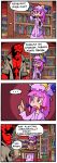  4koma book bookshelf bow comic crossover finnish hellboy hellboy_(comic) library no_pupils patchouli_knowledge purple_hair red_skin setz touhou violet_eyes voile yellow_eyes yellow_sclera 