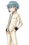  1boy blue_eyes blue_hair genderswap hair_ornament hairclip hand_in_pocket mahou_shoujo_madoka_magica male miki_sayaka school_uniform simple_background smile solo white_background yoplait 