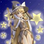  1girl a-ktoo alternate_costume blonde_hair braid broom cape hat kirisame_marisa leotard long_hair open_mouth showgirl_skirt smile solo star touhou translated vambraces witch_hat 