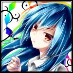  1girl akaikonomi blue_hair blue_nails blush border bust cigarette fingernails head_tilt highres hinanawi_tenshi long_hair looking_at_viewer no_hat parted_lips red_eyes solo touhou 