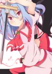  1girl arm_up ascot bat_wings blue_hair bow brooch dutch_angle hand_on_hilt jewelry kan_lee looking_at_viewer mob_cap outline red_eyes remilia_scarlet scabbard sheath short_hair simple_background skirt skirt_set smirk solo sword touhou unsheathed weapon white_background wings 