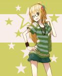  1girl ahoge bespectacled blonde_hair glasses green_eyes hand_on_hip hoshii_miki idolmaster jewelry long_hair nasamuto necklace smile solo wink wristband 