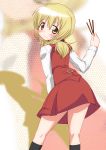  1girl blonde_hair hidamari_sketch highres long_hair miyako pocky school_uniform solo tatsuya_(guild_plus) yellow_eyes 