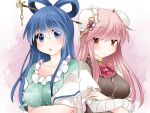  2girls alternate_hair_length alternate_hairstyle bandages blue_eyes blue_hair blush breasts bun_cover chinese_clothes double_bun dress flower hair_ornament hair_rings hair_stick hammer_(sunset_beach) ibaraki_kasen kaku_seiga long_hair multiple_girls pink_eyes pink_hair revision rose short_sleeves smile touhou vest 